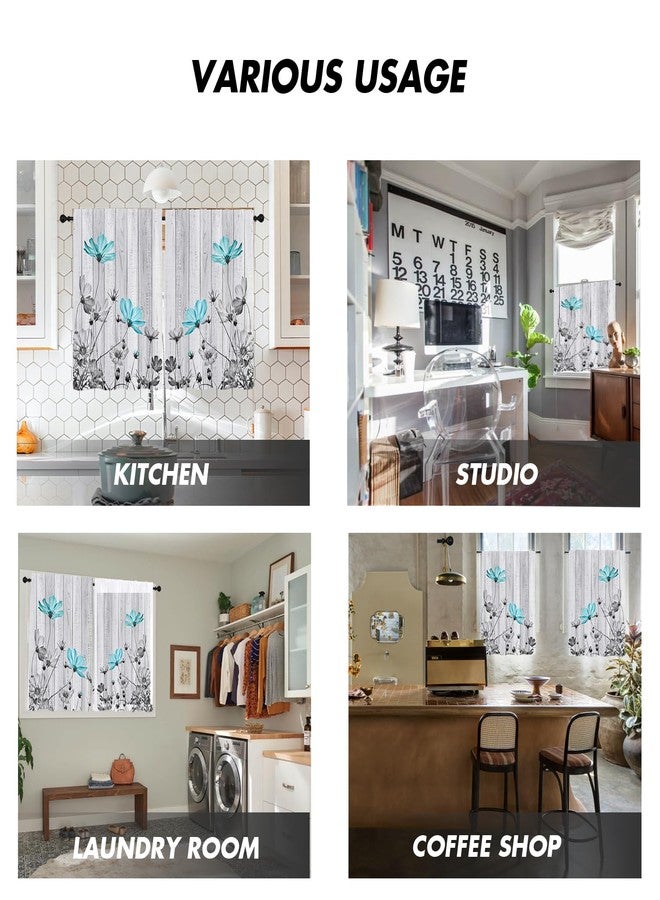 Kikiry Teal Floral Kitchen Curtains Mini 27.5''W x 39''L Patterned Gray Turquoise Flower Farmhouse Rustic Aqua Daisy Grey Short Small Cafe Room Rod Pocket Window Drapes Treatment Tiers Fabric 1 Pair - Image 5